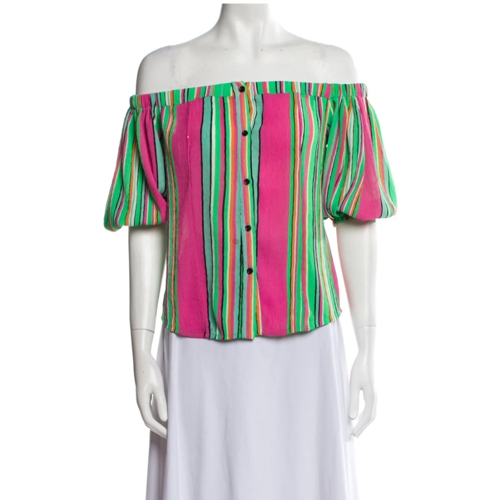 TOV Los Angeles Womens Striped Off-The-Shoulder Blouse Short Sleeve Cabana 42/L